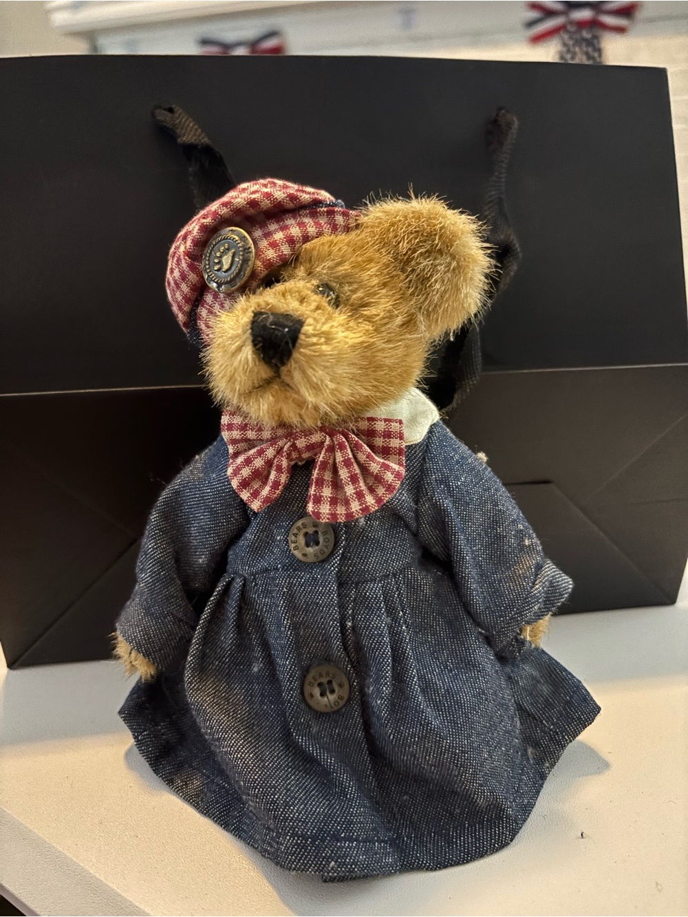 Boyds Bears Plush Eleanor Bear in Denim Dress and Plaid Hat Vintage